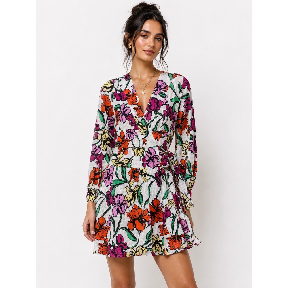 Roller Rabbit Jorales Bibianna Dress White Floral Wrap Long Sleeve XS NWT